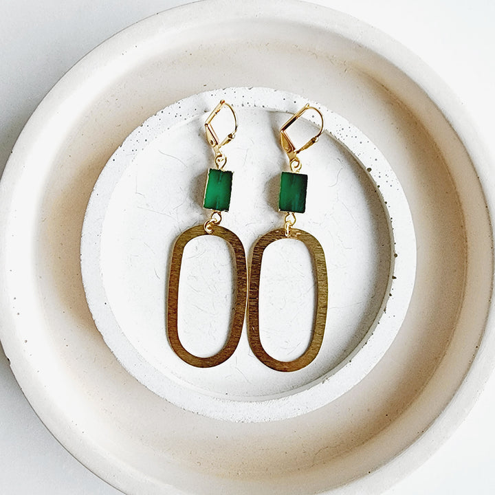 Green Onyx Open Oval Earrings in Brushed Brass Gold