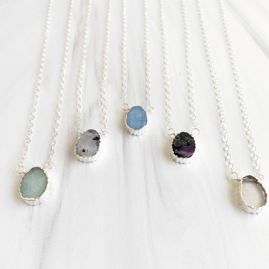 Petite Scalloped Gemstone Slice Necklace in Sterling Silver