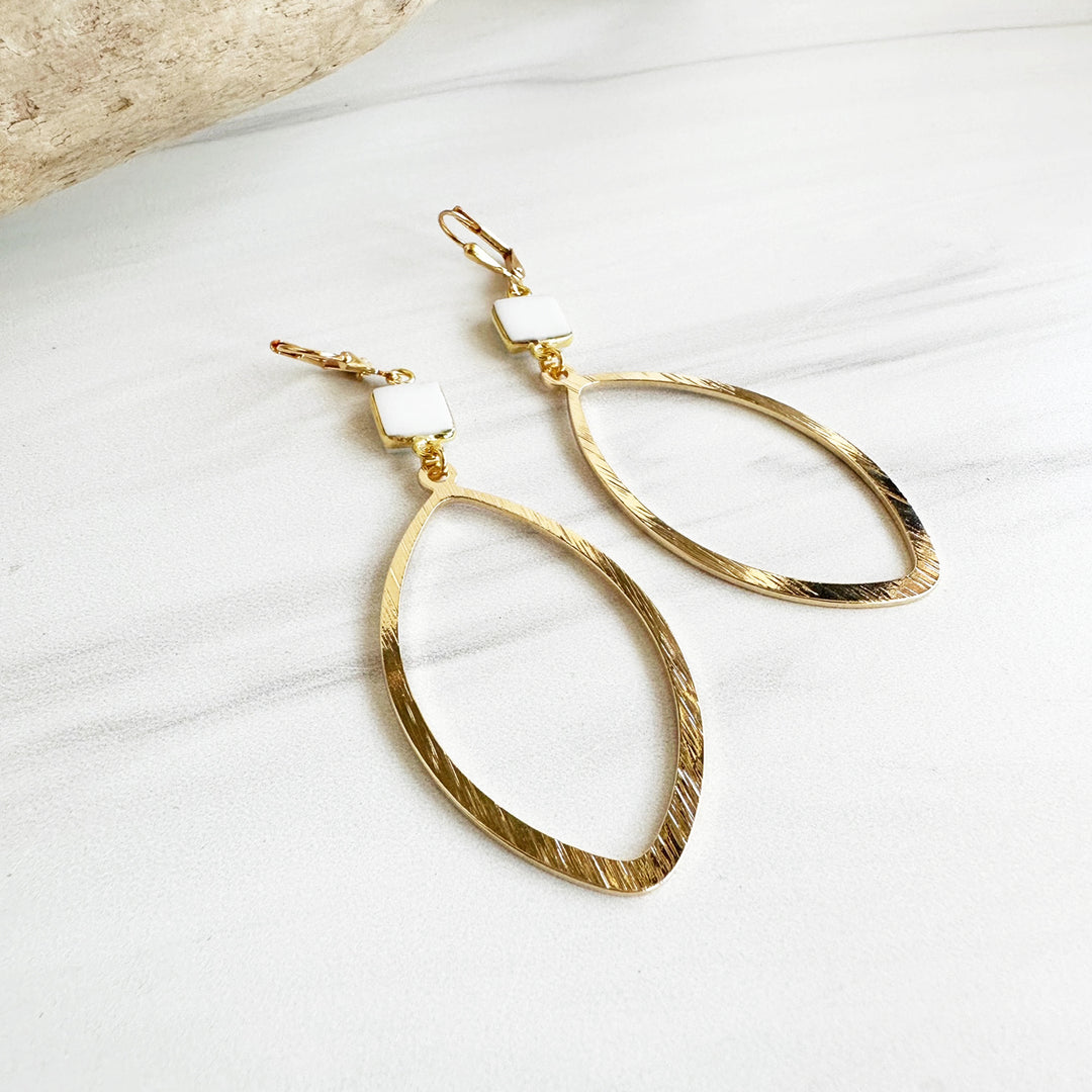White Agate Bezel and Marquise Statement Earrings in Brushed Brass Gold