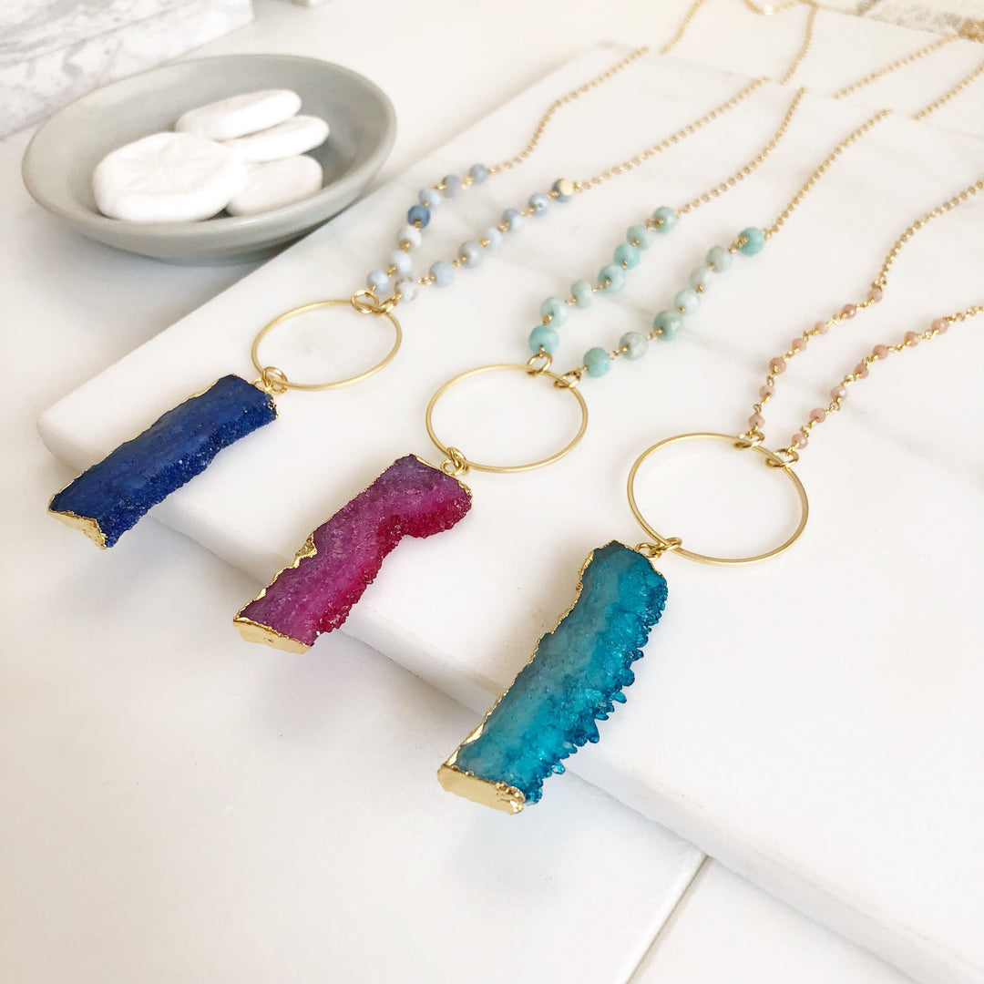 Long Boho Druzy Necklace in Green, Blue, Pink and Gold