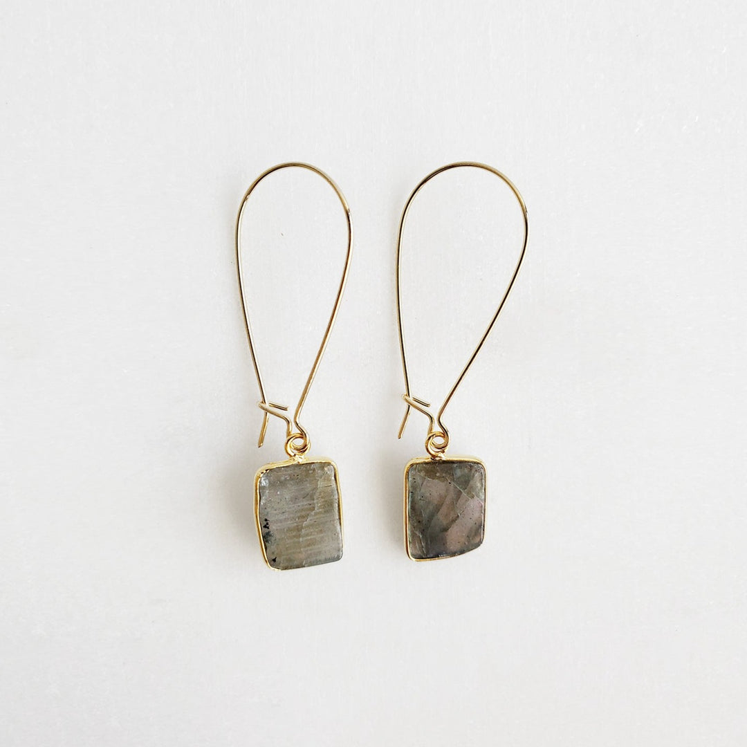 Freeform Labradorite Gemstone Slice Drop Earrings in Gold