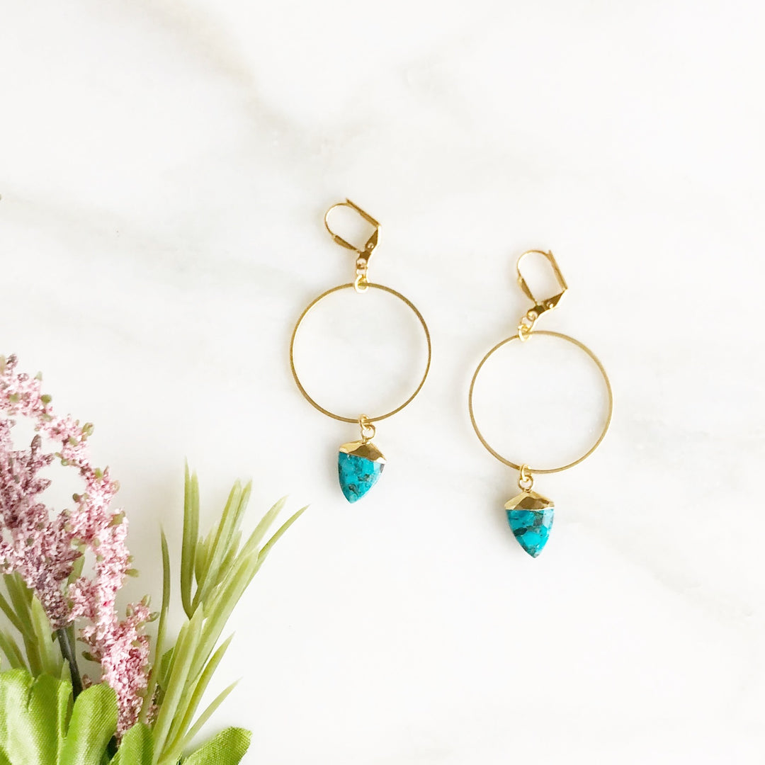Turquoise Shield Hoop Earrings in Gold