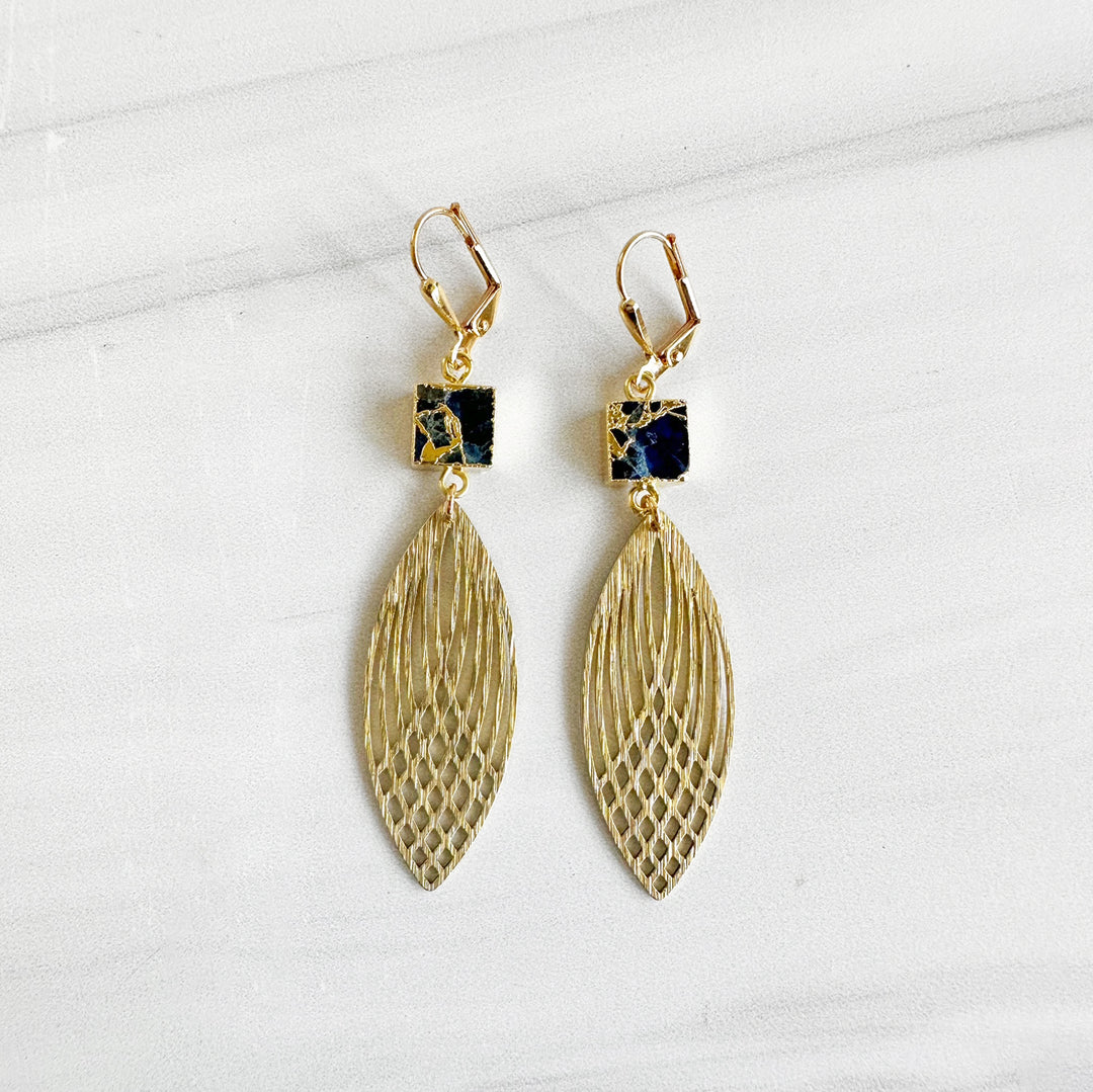 Sapphire Mojave and Patterned Marquis Statement Earrings in Brushed Brass Gold