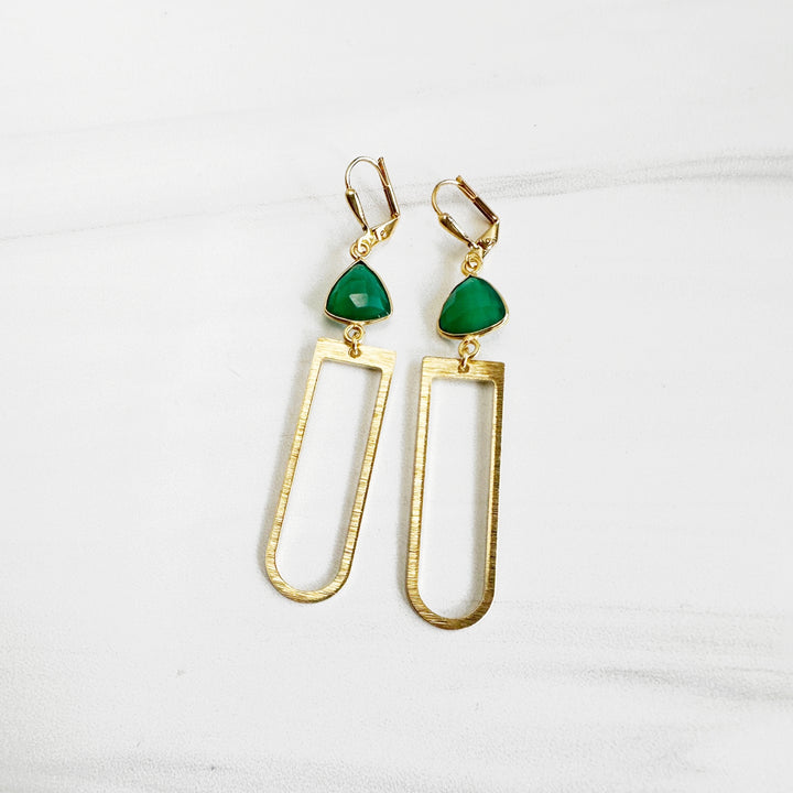 Green Chalcedony Trillion Earrings with Gold Brushed Brass Horseshoe Pendants