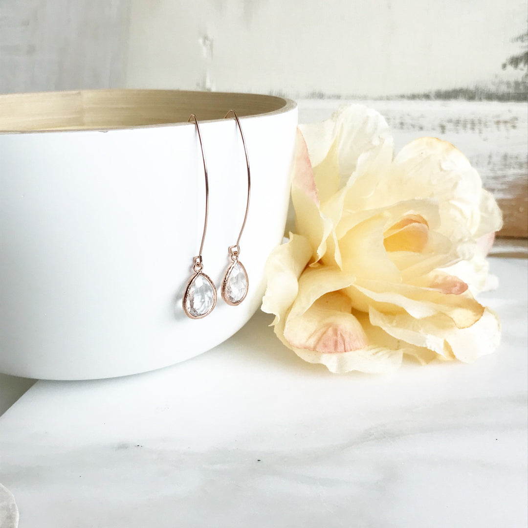 Rose Gold and Clear Stone Drop Earrings. Bridesmaid Gift. Rose Gold Drop Earrings. Wedding Jewelry. Simple Earrings. Dangle Earrings. Gift.