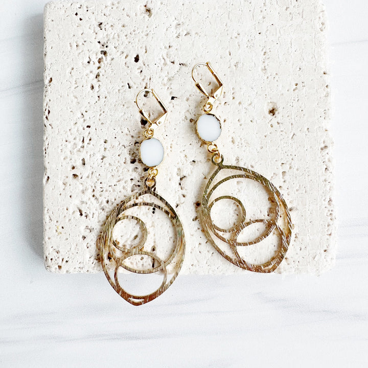 White Agate Marquise Circle Shaped Earrings in Brushed Brass Gold