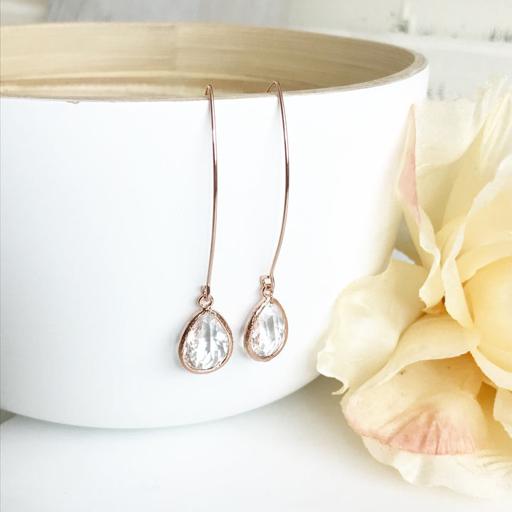 Rose Gold and Clear Stone Drop Earrings. Bridesmaid Gift. Rose Gold Drop Earrings. Wedding Jewelry. Simple Earrings. Dangle Earrings. Gift.
