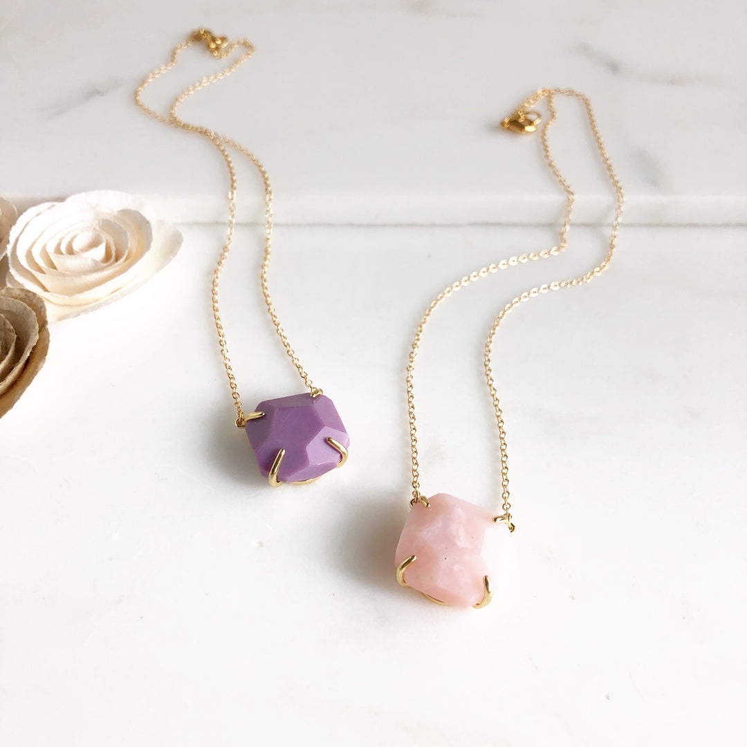 Purple Howlite and Rose Quartz Chunky Stone Necklace in Gold