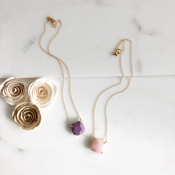 Purple Howlite and Rose Quartz Chunky Stone Necklace in Gold