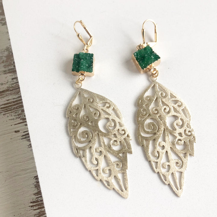 Gold Leaf Statement Earrings. Aqua Blue and Forest Green Cruzy Fun Leaf Earrings. Nature Jewelry.