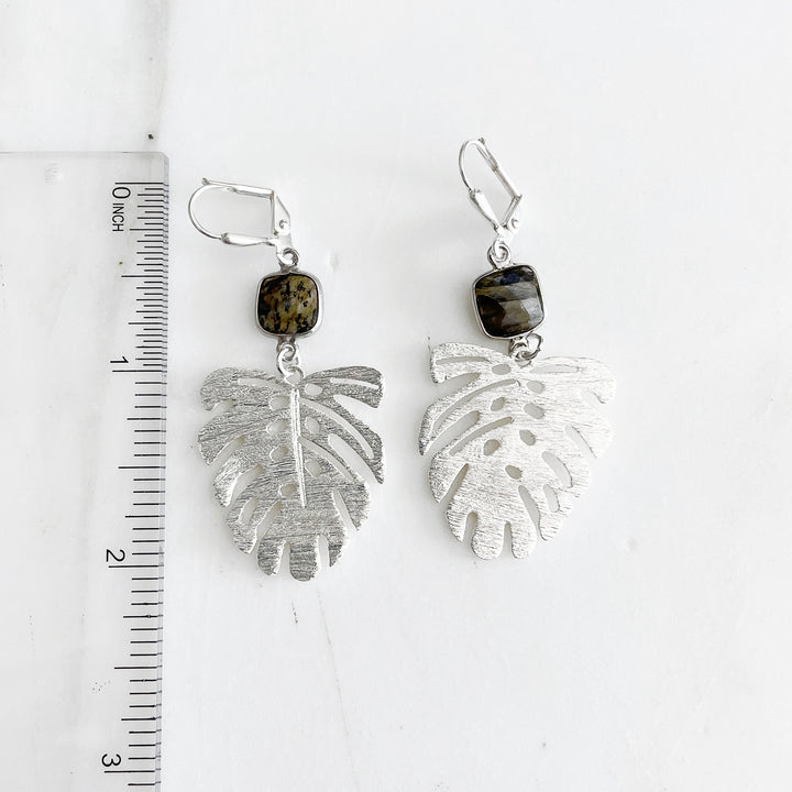 Labradorite Monstera Earrings in Silver. Plant Leaf Earrings