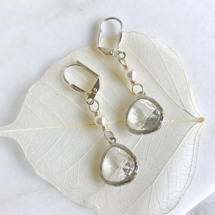 Sweet Bridal Earrings with Clear Teardrop and White Swarovski Pearl Dangle in Silve