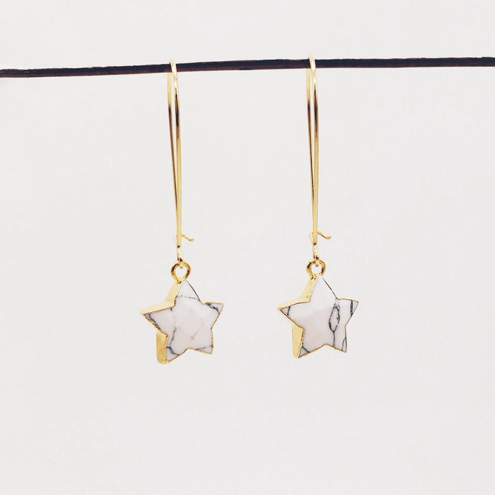 White Howlite Star Drop Earrings in Gold