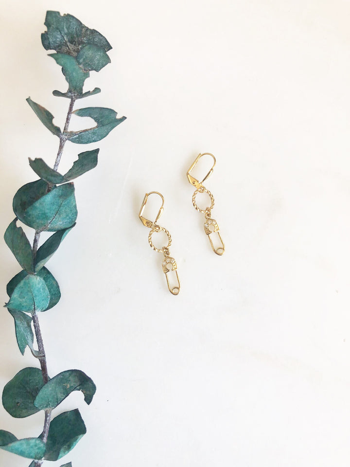 Gold Cubic Zirconia Safety Pin Earrings. Small Gold Dangle Earrings