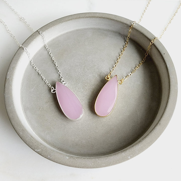 Long Pink Chalcedony Teardrop Bezel Stone Statement Necklace in Gold and Silver