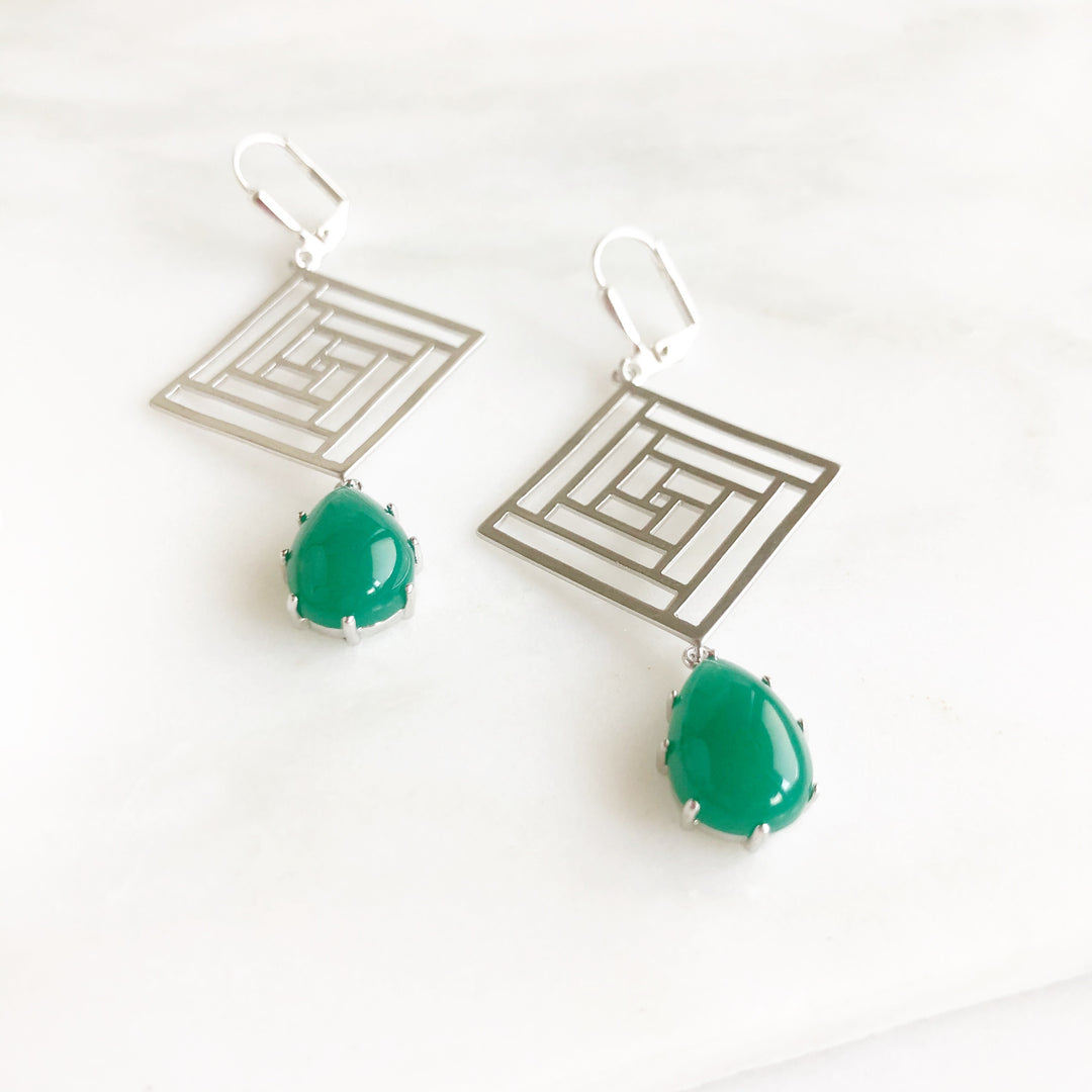 Silver Statement Earrings with Green Stones. Geometric Earrings.